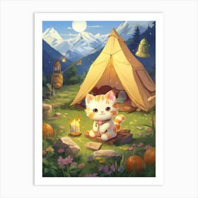 Kawaii Cat Drawings Camping 4 Art Print