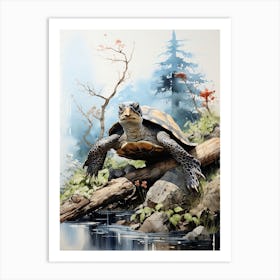 Sea Turtle, Japanese Brush Painting, Ukiyo E, Minimal 1 Art Print