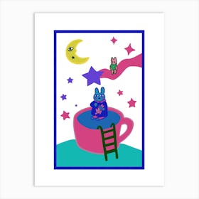 Zodiac Rabbit And Moon blue Art Print