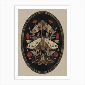 Moths And Poppy flowers folk art Art Print