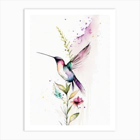 Hummingbird And Flowers Minimalist Watercolour Art Print