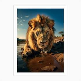African Lion Drinking Water Realism 4 Art Print