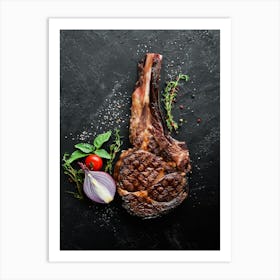 BBQ, Grilled steak on a bone — Food kitchen poster/blackboard, photo art 1 Art Print