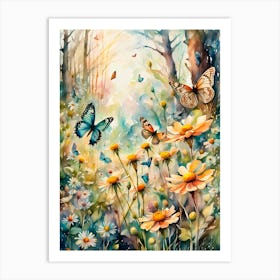 Watercolour Butterflies in Woodland Glade II Art Print