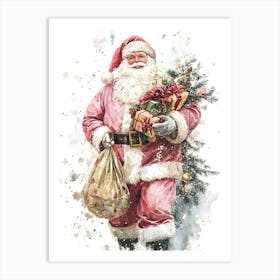 Santa Claus With Gifts Watercolor Painting Art Print