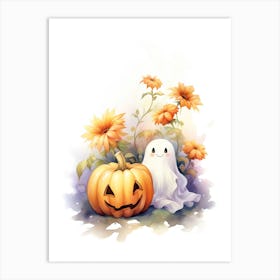 Cute Ghost With Pumpkins Halloween Watercolour 136 Art Print