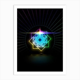 Neon Geometric Glyph in Candy Blue and Pink with Rainbow Sparkle on Black n.0146 Art Print