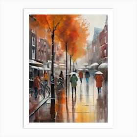 Amsterdam cafes, autumn season, rain, autumn oil colours.Faded colours,People passing on the street, winter clothes, rain umbrellas.3 1 Art Print