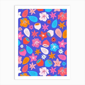 Bright and Bold Tropical Fruits and Flowers - Pink Red Orange Blue Art Print