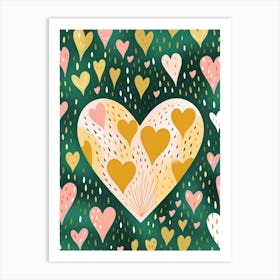 Hearts Lines Gold & Green Art Print