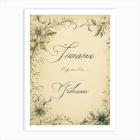 Calligraphy Of An Elegant Thank You Note Swirling And Flourishing Script Positioned Centrally On Art Print