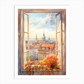 Window View Of Munich Germany In Autumn Fall, Watercolour 4 Art Print
