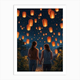 Two Women Holding Lanterns Art Print