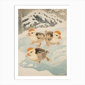 Ducklings In The Icy Water Japanese Woodblock Style 2 Art Print