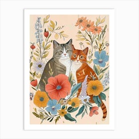 Folksy Floral Animal Drawing Cat 2 Art Print