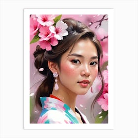 Asian Girl With Cherry Blossoms 1 Art Print