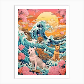 The Great Wave Off Kanagawa Puppies Kitsch Art Print