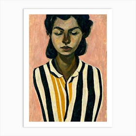 Portrait Of A Woman Wearing A Striped Shirt Pink Background Art Print