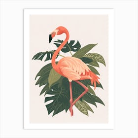 Jamess Flamingo And Philodendrons Minimalist Illustration 4 Art Print