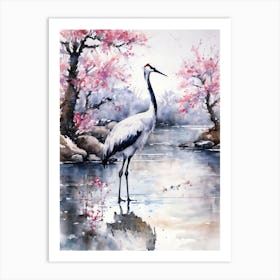 Japanese Crane Watercolor Painting With Blossom Trees | Over the Lake in Spring | Pink and Grey Mid Century Minimalist Japan Art Style in HD Art Print