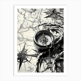 Compass On A Map 4 Art Print