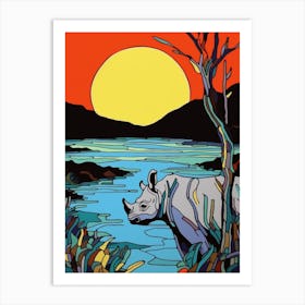 Geometric Rhino Line Illustration By The River 3 Art Print