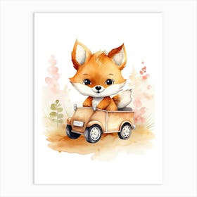 Baby Fox On Toy Car, Watercolour Nursery 2 Art Print