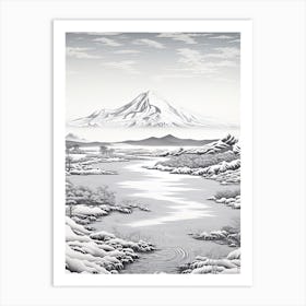 Shiretoko Peninsula In Hokkaido, Ukiyo E Black And White Line Art Drawing 1 Art Print