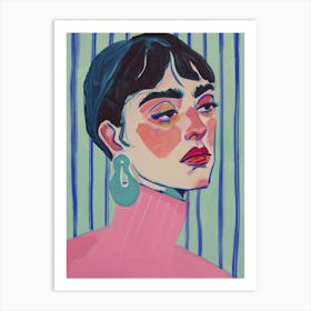 Woman with Pink Turtleneck Mint Earrings. Acrylic Portrait Art Print