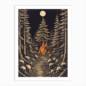 The Forbidden Forest - Vintage Style Line Art of A Skull Lined Path, Enemies and Slayed Foes Leading to a Forest Fire Waiting Just For You - Pagan Creepy Gothic Witchy Horror Artwork on a Full Moon Eerily Spooky Woods Art Print