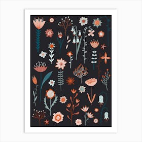 Scandinavian Flowers On A Black Background Art Print