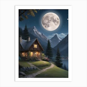 Moonlight Cabin Art Print