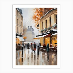 Paris cafes, winter season, Christmas, autumn oil colors, pale colors, pedestrians in the street, winter clothes, falling snow.Christmas decorations.2 Art Print