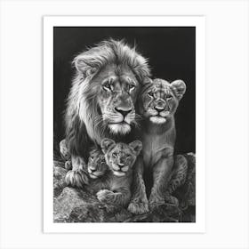 African Lion Charcoal Drawing Family Bonding 1 Art Print