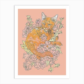 Cute Abyssinian Cat With Flowers Illustration 3 Art Print