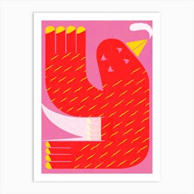 Red and yellow bird with white boots on pink risograph style Art Print