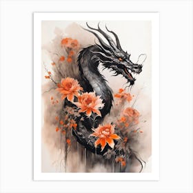 Japanese Dragon Abstract Flowers Painting (22) Art Print