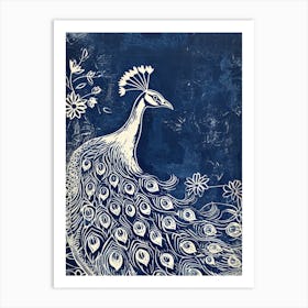 Navy & Cream Linocut Inspired Peacock In The Plants 4 Art Print