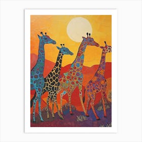 Warm Colourful Giraffes In The Sunny Landscape 2 Art Print