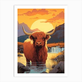 Brown Hairy Highland Cow In The Sunset 1 Art Print