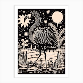 B&W Bird Linocut Flamingo 3 Art Print