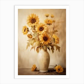 Sunflower, Autumn Fall Flowers Sitting In A White Vase, Farmhouse Style 3 Art Print