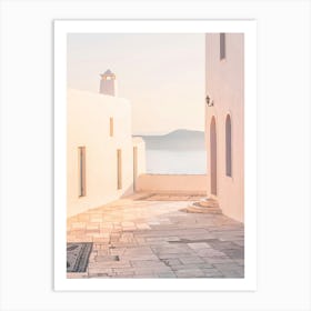 Milos, Greece I Sunset light in Oia Cyclades white architecture with its summer pastel aesthetic with panoramic view photography of the Mediterranean sea ocean and the orange golden light of the greek mountain Art Print