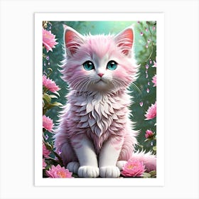 Pink Kitten With Flowers Art Print