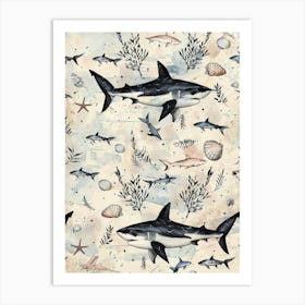 Pastel Beige Angel Shark Illustration Pattern Art Print