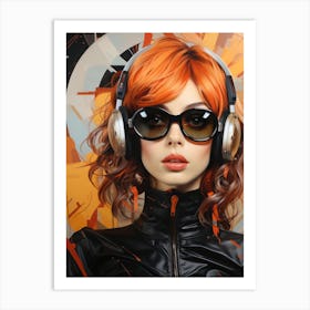 Dj in headphones. Beautiful young girl with headphones. Art Print