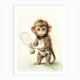 Monkey Painting Playing Tennis Watercolour 4 Art Print