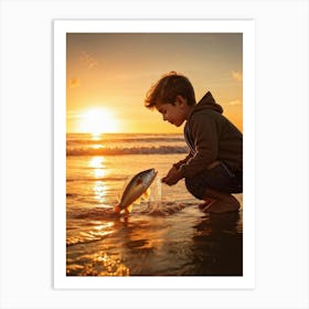 A Young Person Engaging In Play With A Fish Near The Waters Edge On A Sandy Beach Golden Hour Ligh (2) Art Print