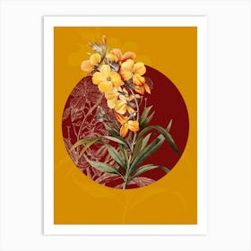 Vintage Botanical Cheiranthus Flower Giroflee Jaune on Circle Red on Yellow n.0108 Art Print