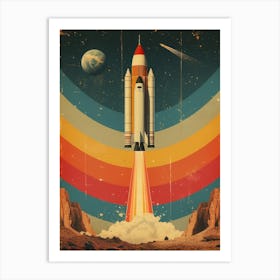 Space Odyssey: Retro Poster featuring Asteroids, Rockets, and Astronauts: Space Shuttle Launch Canvas Art Art Print